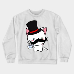 Sophisticated White Angora Cat Drinking Tea wearing a top hat Crewneck Sweatshirt